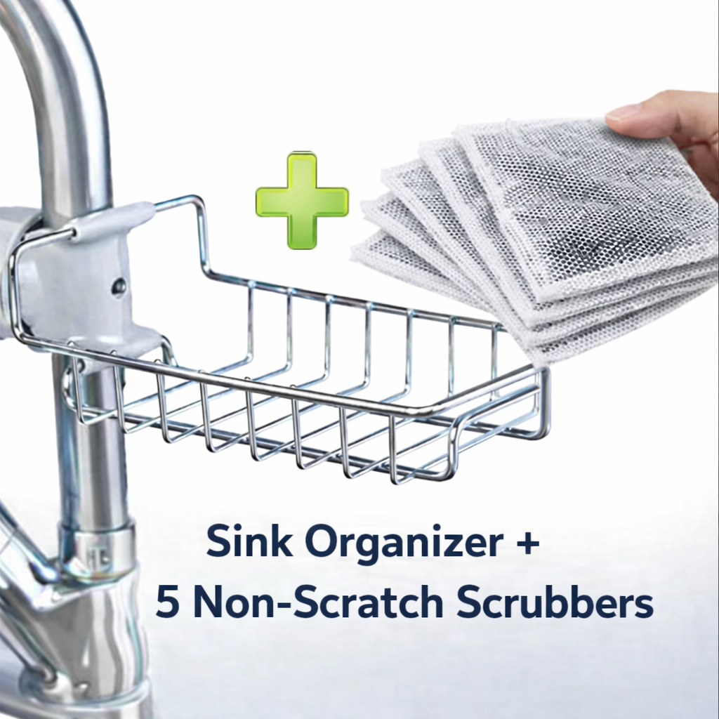 Stainless Steel Faucet Sink Caddy –  with free 5 piece scrubber